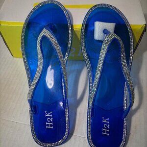 H2K Jelly Slides Sandals Royal Blue w/small rhinestone trim Flat bottoms NIB